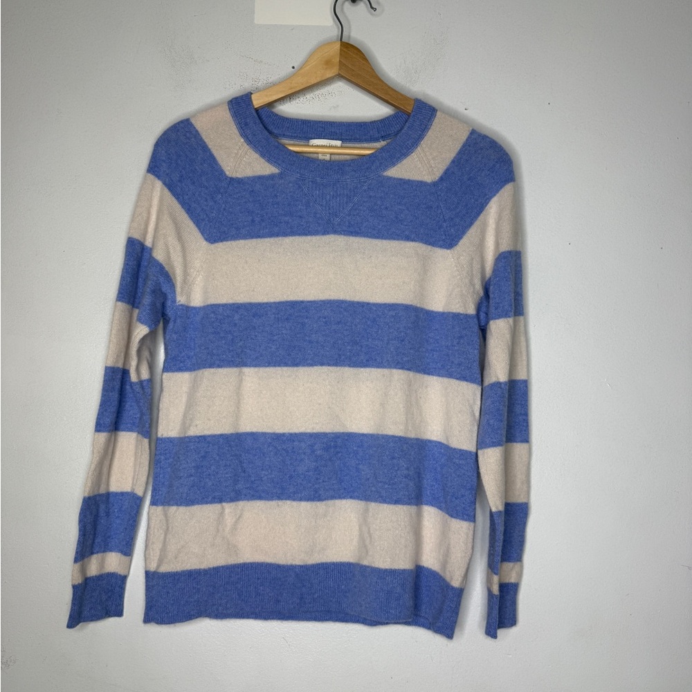 garnet hill Cashmere Crew Neck Sweater‎ Blue cream Big Stripe Small
